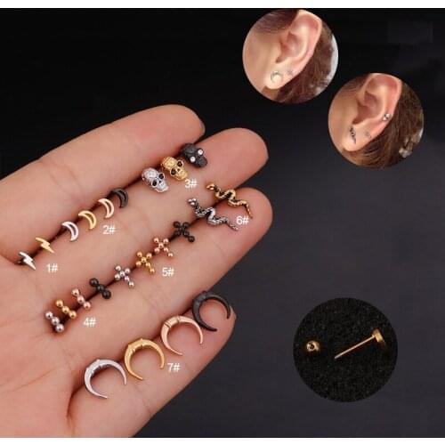 1Pc Full Stainless Steel Cartilage Earring Fashion Small Skull Snake Helix Tragus Rook Lobe Screw Back Stud Ear Piercing Jewelry