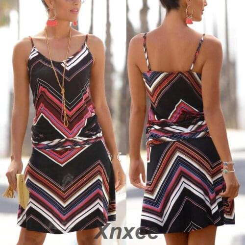 2019 Fashion Casual Women Printed Dress Sleeveless Printed O-Neck Beach Mini Sun Dresses Xnxee