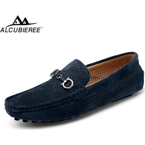ALCUBIEREE Men Suede Leather Moccasins Hollow Breathable Loafers Mens Summer Slip On Flats Gommino Shoes Male Driving Shoes