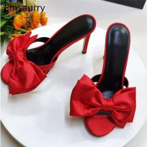 Sexy Summer Big Bowknot High Heel Sandals Women Red Satin Stiletto Heel Cut Outs Slip-on Runway Butterfly-knot Shoes Woman