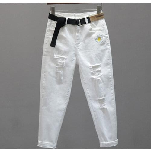 Woman Jeans Pants Ripped White Jeans For Women Baggy Straight Trousers Autumn High Waist Cropped Women Pantalones Vaqueros Mujer
