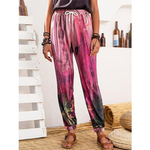 Women 2021 Retro Graffiti Printed Summer Casual Elastic Waist Loose Sport Harem Long Pants Trousers Female Clothing