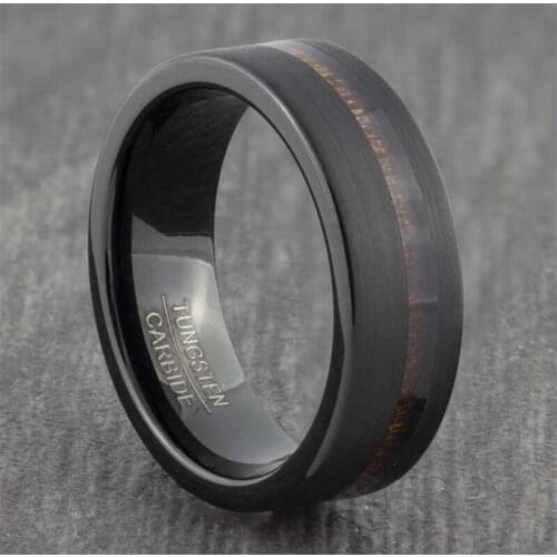 8mm Black Stainless Steel Rings Inlay Hawaiian Koa Wood and Abalone Shell Wedding Band Mens Jewelry
