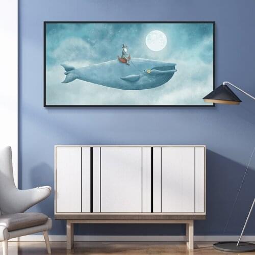 Home Decor Canvas Picture Modern Whales in the Night Sky Cartoon Scenery Creative Hanging Painting Poster Wall For Home Painting