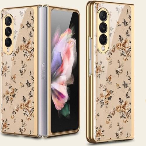 Electroplated Floral Glass Case for Samsung Galaxy Z Fold 3 5G Case Luxury Plating Hard Glass Cover for Galaxy Z Fold 3