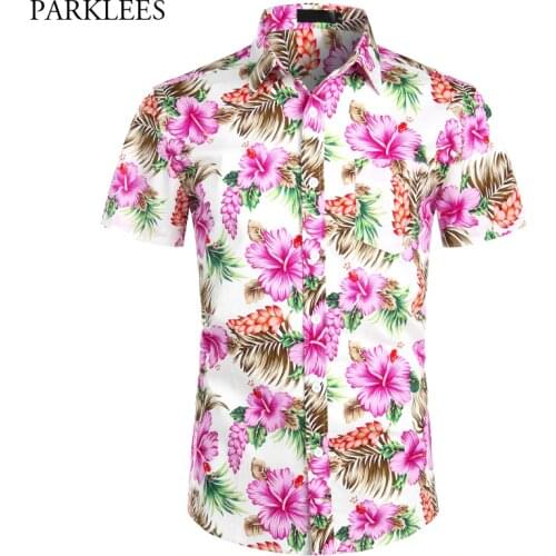 Hawaiian Shirts Mens Tropical Pink Floral Beach Shirt Summer Short Sleeve Vacation Clothing Casual Hawaii Shirt Men USA Size XXL