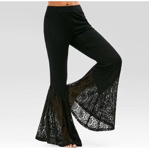 Gothic Sexy Lace Flare Pants Women Elegant Fashion Black Bellbottoms Plus Size Trousers Casual High Waist Oversize Bell Bottom