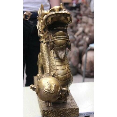 Chinese Bronze Copper Feng Shui Auspicious Fly Dragon Hold Bead Statue Sculpture
