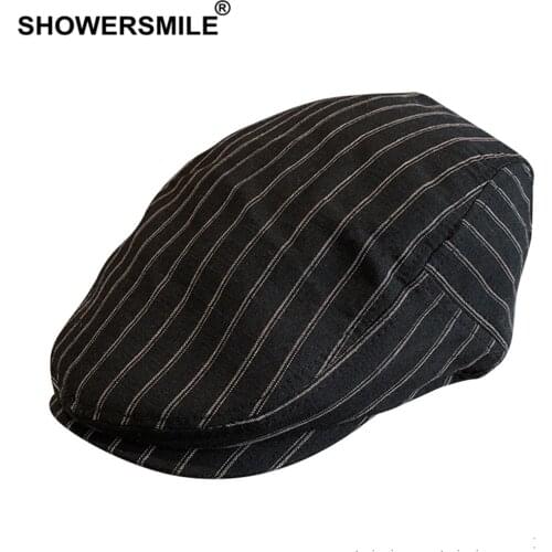 SHOWERSMILE Summer Striped Linen Beret Flat Cap Men Black British Style Newsboy Cap Duckbill Adjustable Driving Hats