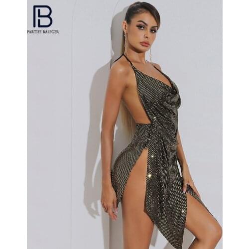PB Trendy Sparkle Sequins Slip Dress Draped Design Halter Sexy Sleeveless Backless Celebrity Party Club Vestido Free Shipping