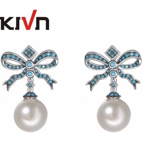 KIVN Fashion Jewelry Bow Ribbon CZ Cubic Zirconia Womens Girls Bridal Simulate Pearl Earrings Birthday Gifts 6pcs Lot Wholesale