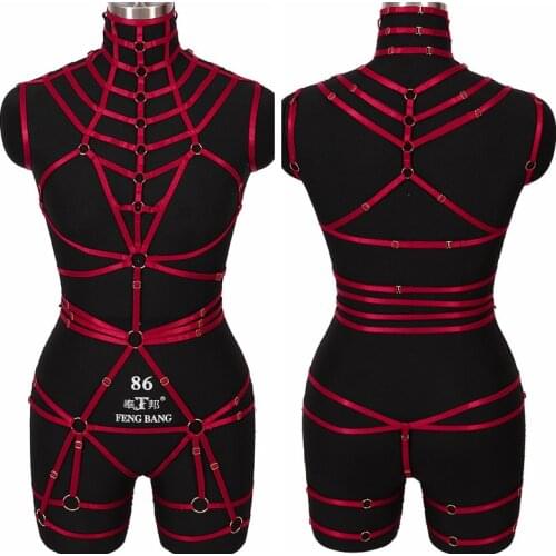 Full Body Harness Red Bra Punk Goth Women Neck Top Waist Belt Garter Stockings Lingerie Plus Size Elastic Hollow Out Dance Clubs