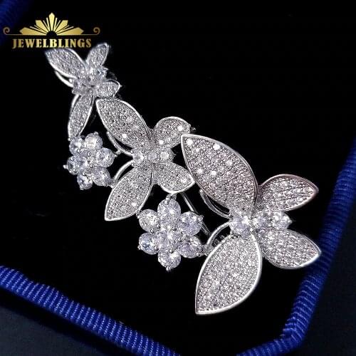 Stunning Micro Pave CZ Round Cut Flowers Deco Trio White Butterfly Brooches Pins for Women Collar Corsage Lapel Insect Jewelry