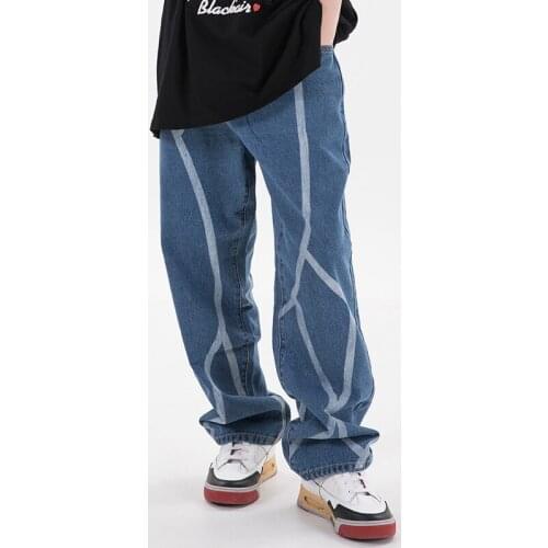 Lines Print Straight Graffiti Mens Jeans Pants High Street Straight Washed Loose Casual Denim Trousers Harajuku Oversize Pants