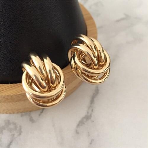 Classic Gold Color Plating 3 Circle Linked 2 Group Stud Earrings For Women Girl Lady Gift Bohemia Vintage Decoration Jewelry