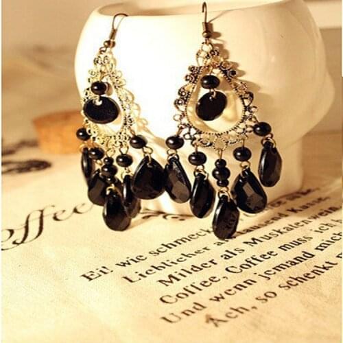 1 Pair Retro Long Water Drop Earrings Piercing Hollow Tassel Black Female Eardrop Fashion Jewelry For Wedding