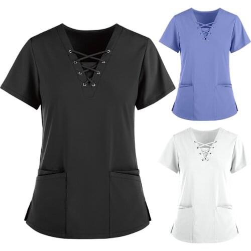 New Scrubs Uniform Women Short Sleeve V-neck Solid Color Tops Nursing Working Uniform T-shirts Sexy Uniforme Medical Femme