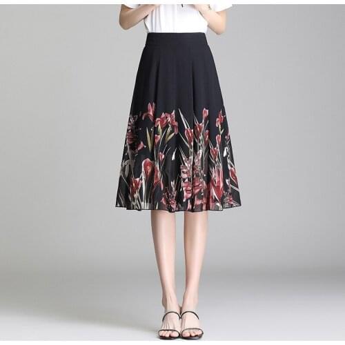 Summer Women High Waisted Chiffon Print Loose Casual Mid-long Skirt Female Elegant Vintage Knee-length Skirts 6661
