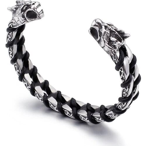 GNAYY Vintage 316L Stainless Steel Biker Double dragon End Open Cuff Bangle Rope Chain Bracelet Mens Punk Jewelry 2.26