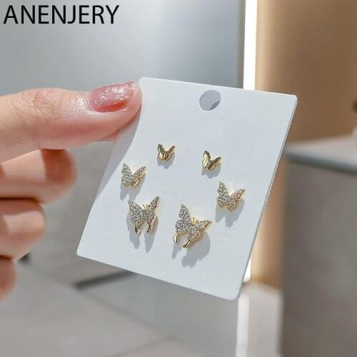 ANENJERY 6 pieces/set Butterfly Micro-Inlaid Zircon Ear Studs Earrings Set Shiny Temperament Various Sizes Set Girl Cute Gift