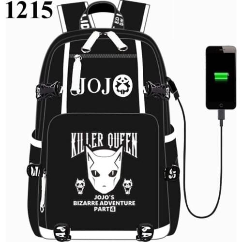 Black JoJos Bizarre Adventur USB Port Backpack Bag School Book Students Outdoor Shoulder Book Bag Rucksack Cosplay