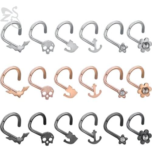 ZS 1 PC Skull Stainless Steel Nose Piercing 20g CZ Crystal Nose Stud 3 Colors Bat Anchor Nostril Piercings Jewelry Halloween