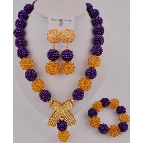 Pretty Purple and Champagne Gold African Necklace Beads Nigerian Wedding Costume Jewelry Set SP-2-2