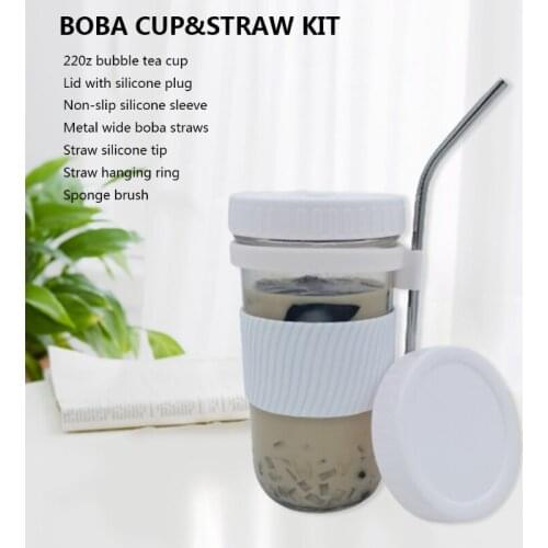 650ml/22oz Reusable Boba Cup Bubble Tea Cup Set Drinking Bottle with Lid Cap Straw Silicone Anti-skid Ring Sponge Cleaning Brush
