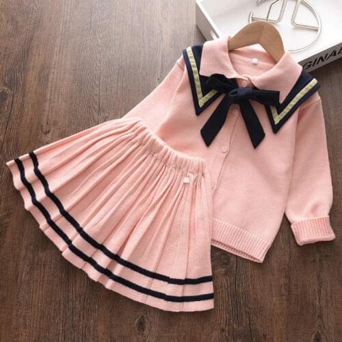 2021 New Fashion Knitwears Baby Girls Autumn Knitting Clothing Sets Bow Sweater And Skirt Outfits Kids Preppy Style Clothes Suit