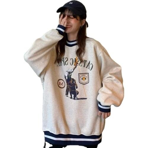 Autumn And Winter Womens Chic Sweatshirt Korean Loose Round Neck Print Plus Velvet Simple Pullover Female Em