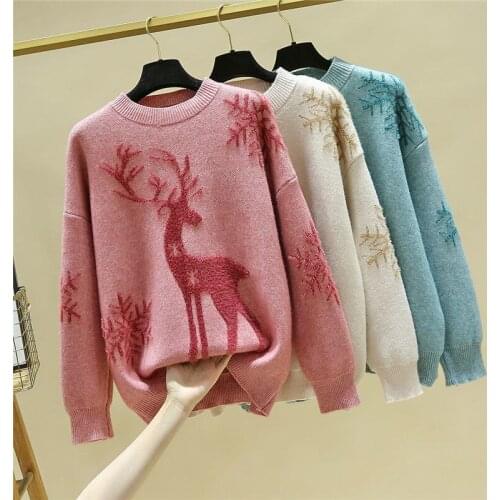 Casual Loose O-Neck Knitted Sweaters Women 2021 Autumn Basic Elastic Pullover Female Korean Style Christmas Fawn Printing Shirt