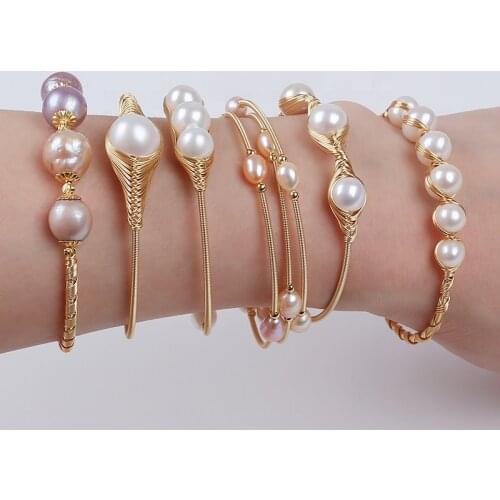 Hot Sale Freshwater Pearl Bead Wire Wrapped Adjustable Cuff Opening Bangle Bracelet For Women