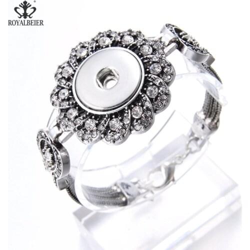 ROYALBEIER New Fashion Beauty Crystal Flower Pattern Metal Snap Bracelet 18mm Snap Button Bohemia For Women Jewelry SZ0546
