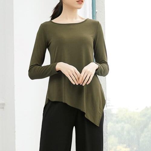 Spring Autumn Women Dance Tunic Tops Asymmetrical Hemline Shirts Long Sleeve Shirt Top O-Neck Solid Flowy T-Shirts