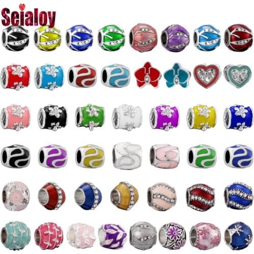 Seialoy Multicolor Enamel Flower Beaded Star Beads Silver Color Charm Fit Diy Bracelets Necklace Jewelry Making Accessories