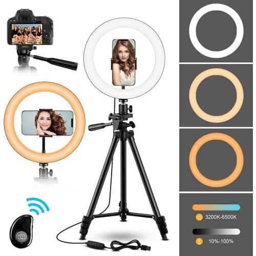 10" Selfie LED Ring Light with Tripod Stand & Phone Holder for YouTube/ Photography/Makeup，Compatible with Phones and Cameras