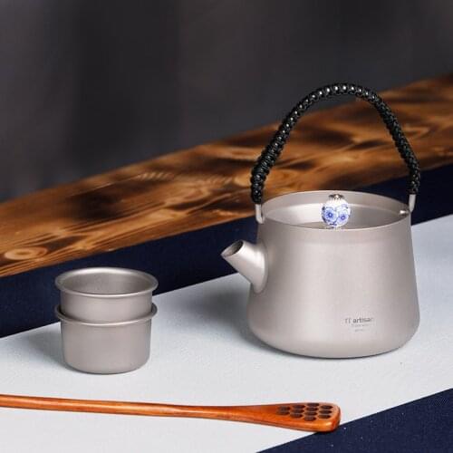 Tiartisan titanium teapot 240ml with 35ml small tea cup Titanium Water Kettle Ultralight Camping Coffee Kettle Picnic Tea Pot