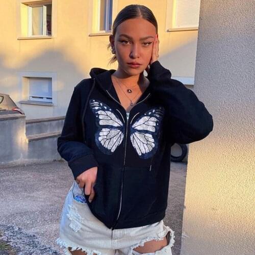 Hoodie Rhinestone y2k butterfly harajuku Women Long Sleeve Sweatshirt Hoodis Zipper Loose Oversized Streetwear grunge clothes