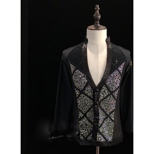 Latin Dance Top Men Black V-Neck Shiny Rhinestone Competition Shirts Cha Cha Rumba Samba Tango Salsa Male Adult Wear DNV12699