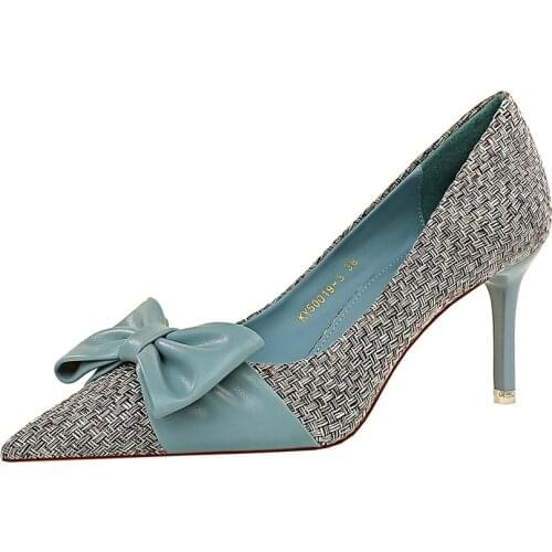 Fashion sweet high heels woven womens shoes shallow mouth pointed toe color matching bow high-heeled shoes