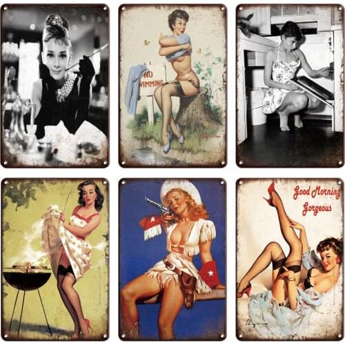 Vintage Sexy Pin-up Girl Shower Poster Metal Painting Tin Sign Monroe Hepburn Metal Art Poster Decor Retro Bathroom Sign