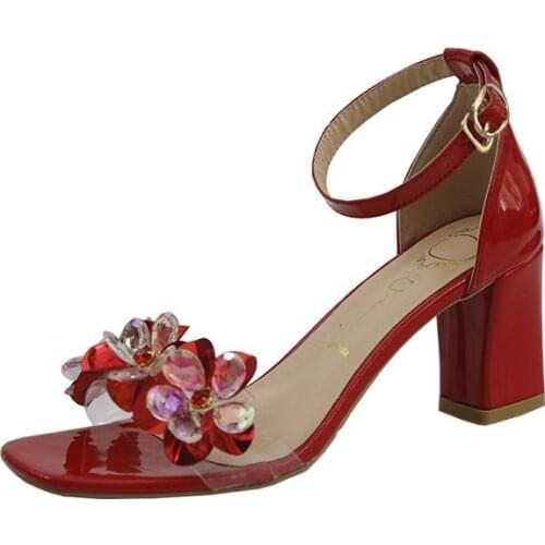 Sandals Womens New High-heeled Womens Sandals One Word Buckle Rhinestone Thick with Fish Mouth Womens Shoes