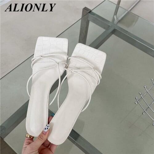 ALIONLY Slippers for Women 2021 Summer Thin Low Heels Slides Narrow Band Square Toe Sandal Shoes Ladies Elegant Flip Flops