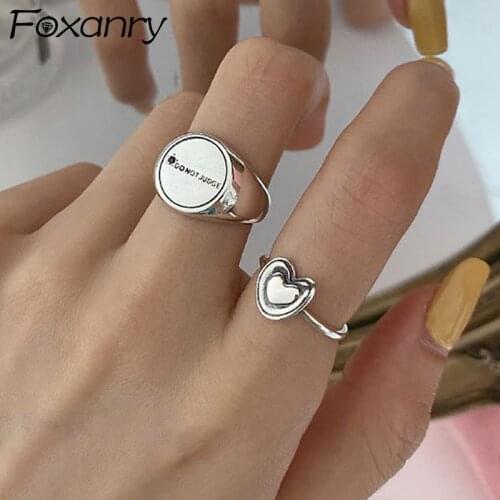 Foxanry 925 Sterling Silver LOVE Heart Rings for Women Couple Creative Simple Round Geometric English Letter Jewelry Party Gifts