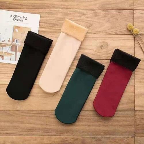 Winter Plus Velvet Thick Warm Socks Snow Socks Female High Tube Long Tube Home Floor Solid Color Thick Black Warm Socks 4 Pairs