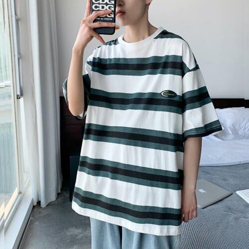 2021 Summer Hot Sale Men Pure cotton Short sleeve T shirt Multicolor tide brand Comfortable ins stripe Splicing T shirt XXL