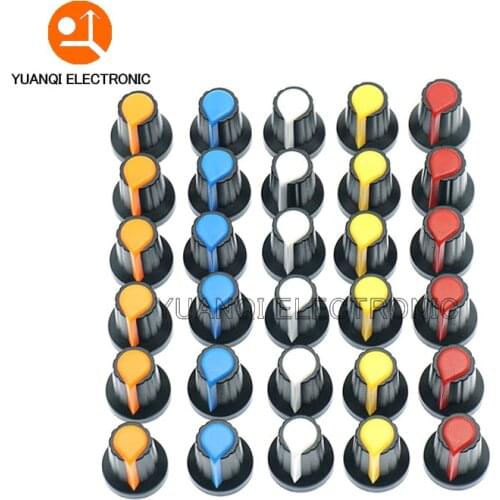 30pcs/lot WH148 potentiometer knob cap (copper core) 15X17mm 6mm Shaft Hole AG2 Yellow Orange Blue White Red 5value*6PCS=30PCS