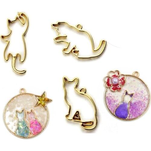 5Pieces Cute Cat Bezel Metal Frame Pendant Charm Bezel Setting Cabochon Setting UV Resin Charm Necklace Earring Findings