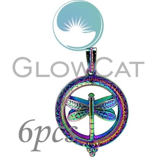 6X C965 Rainbow Colors 52mm Dragonfly Beads Cage Essential Oil Diffuser Pearl Cage Magnet Locket Pendant