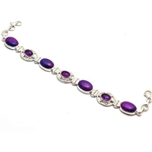 Genuine Purple Copper Turquoise + Amethyst Bracelet 925 Sterling Silver,20.5 cm, GRP0333